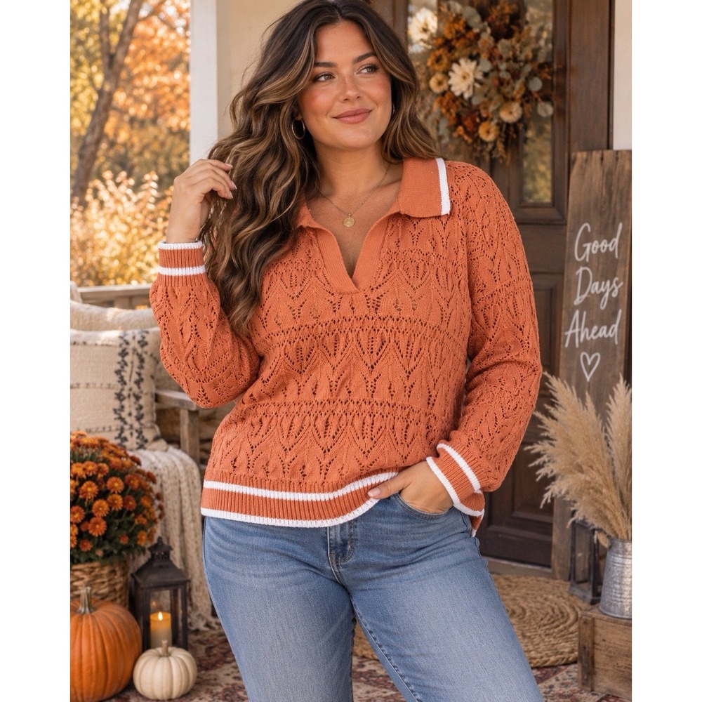 Universal Thread 2X Rust Orange Open Knit Crochet Polo Sweater Boho Fall